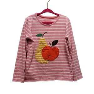 Mini Boden Fruits Appliqué Striped Long Sleeve Shirt Pink White Kids Size 6-7Y